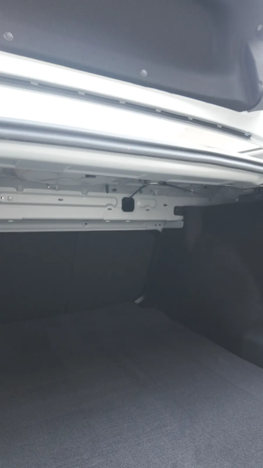 A sedan trunk after vacuuming and wiping: carpet clean, trunk lid channel and hinges wiped down